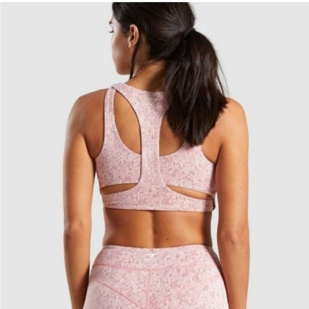 Gymshark Sports Bra Pink Strappy Open Back Fleur Marled